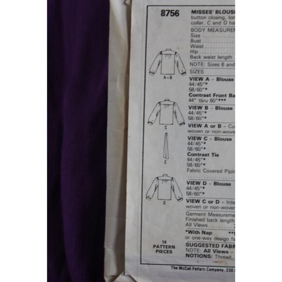 McCalls 8756 Sewing pattern blouse 1980s size 18 - Picture 4 of 6